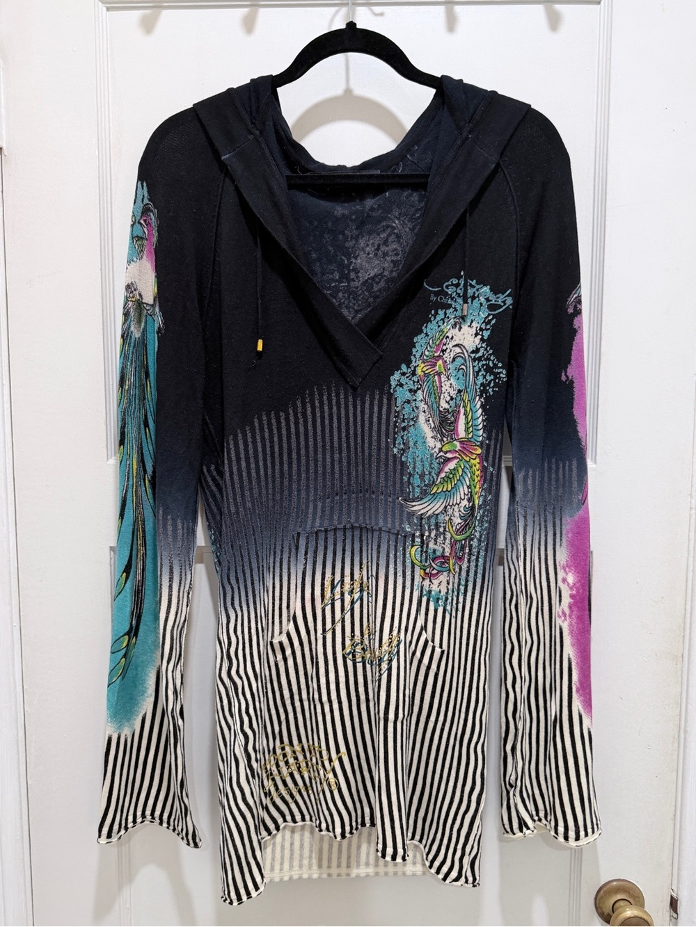 Ed Hardy Women’s Black Hooded Top with Multicolor Graphic and Stripes size M